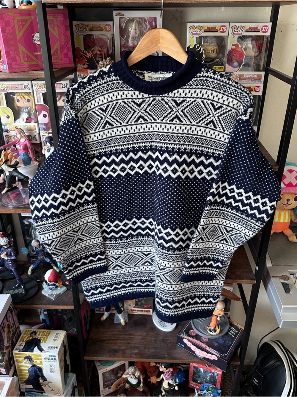 Vintage Private Eyes Knit Sweater Navy White Pattern Made In USA Women’s L